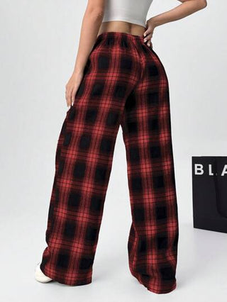 EZwear بنطلون فضفاض مربع مطبوع للسيدات بخصر رباط وجيوب، مبطن حراري