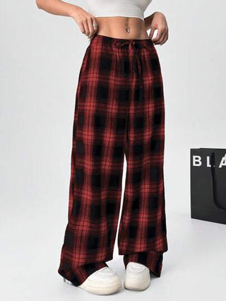 EZwear بنطلون فضفاض مربع مطبوع للسيدات بخصر رباط وجيوب، مبطن حراري