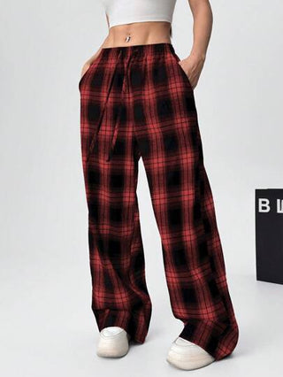 EZwear بنطلون فضفاض مربع مطبوع للسيدات بخصر رباط وجيوب، مبطن حراري