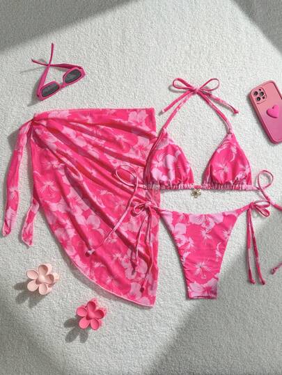 Swim Mod مجموعة 3 قطع فستان شاطئ نسائي غير متماثل الطباعة ربطة رقبة ، بكيني رجعي عطلات ربطة، صيفي