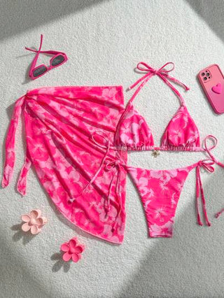 Swim Mod مجموعة 3 قطع فستان شاطئ نسائي غير متماثل الطباعة ربطة رقبة ، بكيني رجعي عطلات ربطة، صيفي