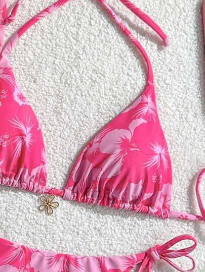 Swim Mod مجموعة 3 قطع فستان شاطئ نسائي غير متماثل الطباعة ربطة رقبة ، بكيني رجعي عطلات ربطة، صيفي