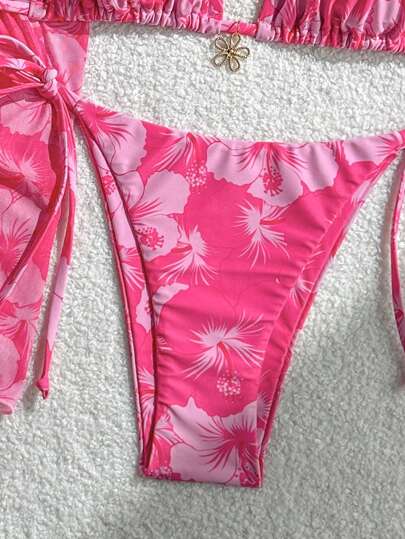 Swim Mod مجموعة 3 قطع فستان شاطئ نسائي غير متماثل الطباعة ربطة رقبة ، بكيني رجعي عطلات ربطة، صيفي