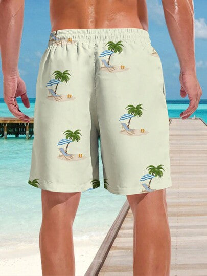بنطلون شاطىء مطبوع بتصميم كراسي شاطئية وأشجار جوز الهند ثلاثية الأبعاد، طراز هاواي للرجال لفصل الصيف