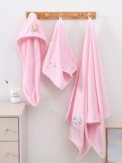 Sanrio قطعة واحدة مجموعة منشفة من القطيفة المرجانية وغطاء شعر مستوحى من شخصية Hello Kitty الكرتونية الجميلة، منشفة استحمام ناعمة وماصة للماء مناسبة لغسل الوجه واليدين، هدية منزلية في علبة هدايا