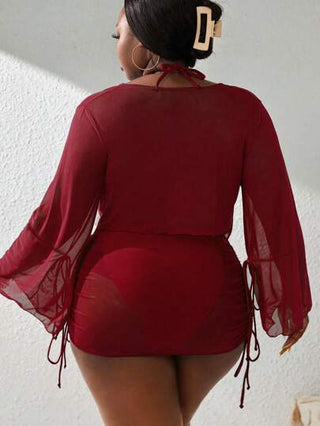 Slaydiva 4 قطعة/مجموعة بيكيني نسائي بألوان سادة مقاس كبير ذو حمالات رفيعة مع حماية كم طويل وتنورة للأستخدام البحري والعطلات الصيفية