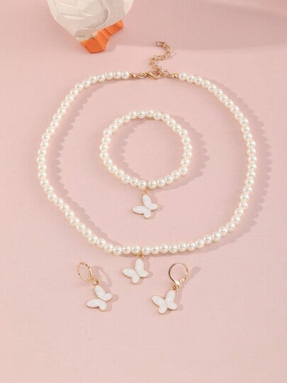 4 قطع / مجموعة طقم مجوهرات للاطفال من عقد اللؤلؤ والخرز البريء بتصميم الفيونكة (عقد وأقراط وسوار)، هدية للبنات