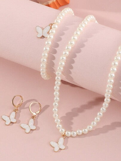 4 قطع / مجموعة طقم مجوهرات للاطفال من عقد اللؤلؤ والخرز البريء بتصميم الفيونكة (عقد وأقراط وسوار)، هدية للبنات