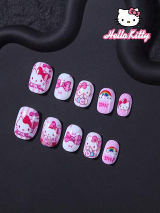 Sanrio ساعيو هيلو كيتي 24 قطعة أظافر فرنسية قصيرة مربعة. أظافر سهلة الوضع بتصميم ثلاثي الأبعاد لهيلو كيتي تناسب الأظافر تماما. مجموعة أظافر اصطناعية وملحقات تصميم أظافر لاستخدام البنات والأطفال في المناسبات العائلية، بطراز وردي