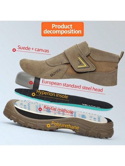 GUYISA الحذاء الواقي للعمل ، نصف الكاحل ، صالح لجميع الفصول ، من جلد الأنتيلوب ، نعل مقاوم للقطع والانزلاق والحرارة والحريق، (النعل هو قطعة واحدة مصمتة، والثقوب الصغيرة عائدة لخصائص المادة نفسها وليست مشكلة في الجودة)