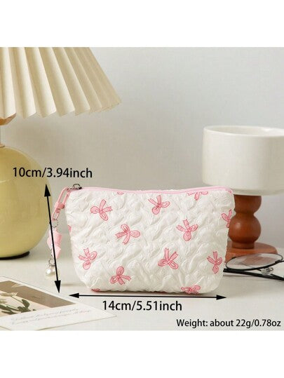 1 حقيبة أنيقة كبيرة السعة للتخزين والسفر والماكياج للنساء والفتيات، مطبوعة بالفيونكة، حقيبة للعناية بالبشرة وحقيبة مستلزمات السفر والصيف والعطلات والاستحمام ومنظم الماكياج وملحقات الحمام.