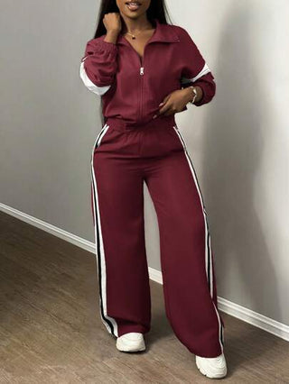 Slaydiva معطف كاجوال طويل الأكمام بياقة عالية مزيّن بسحّاب، مع بنطال واسع مستقيم ذو قطعتين، باللون الأرجواني الفاتح مع أشرطة بيضاء وسوداء، مناسب للرياضة والشارع والحياة اليومية للنساء
