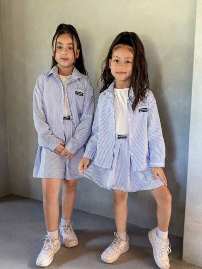 تيشيرتات بناتي مجموعة قميص كاجوال طويل الأكمام مخطط باللون الأزرق والأبيض + تنورة مصغرة منسدلة، طقم للأخت/الأم بأسلوب أمريكي، ملائم للبنات والسيدات في أوقات الفراغ والنزهات الأنيقة