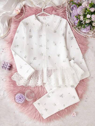 بيجاما طقم قميص أكمام طويلة مطبوع بنقشة زهور وبنطلون للفتيات، بيجامة/ملابس منزلية مريحة وكاجوال، القطعتان