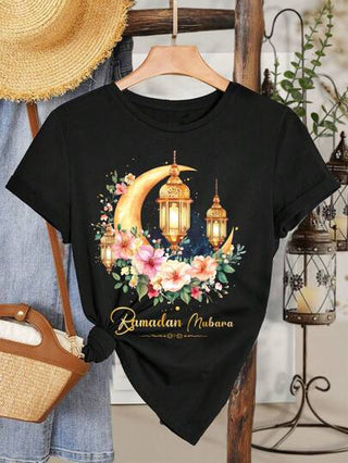 ملابس بناتي رمضان تي شيرت أساسي قصير الأكمام بنقشة القمر والنجوم والزهور المطبوعة، مناسب للبنات المراهقات لفصلي الربيع والصيف