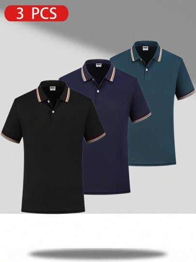 3 قطع بلوزات بولو رجالية صيفية سريعة الجفاف وقابلة للتنفس بطبعات ملونة قصيرة الأكمام