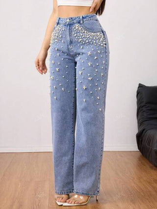 جينز بتصميم مبلي ومزين باللؤلؤ بساق مستقيمة عصري