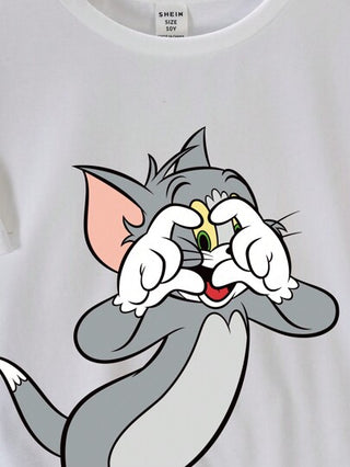 TOM & JERRY X SHEIN تي شيرت تي شيرت قصير الأكمام مطبوع بصور القطط مناسب للمراهقين في فصل الصيف ،مناسب عيد الحب