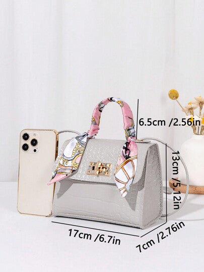 1 حقيبة صغيرة نسائية عبر الجسم بلون صلب مزينة بوشاح، للحمل باليد، مناسبة للاستخدام اليومي والهدايا