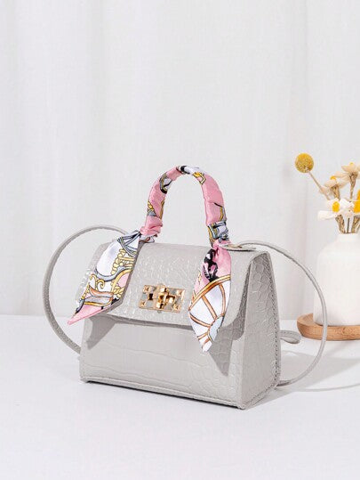 1 حقيبة صغيرة نسائية عبر الجسم بلون صلب مزينة بوشاح، للحمل باليد، مناسبة للاستخدام اليومي والهدايا