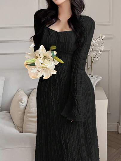 Modelyn فستان كاجوال للنساء بأكمام طويلة وألوان سادة، موضة بسيطة للاستخدام اليومي