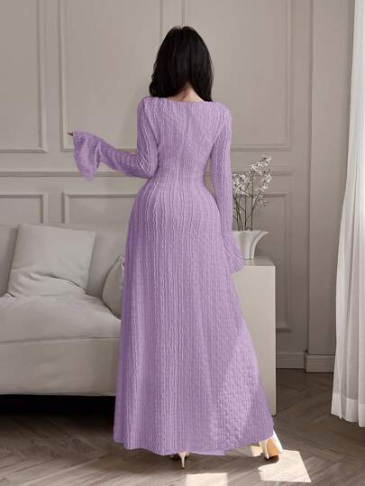 Feyla العيد فستان طويل طيف لأسلوب حياة رسمي للنساء بأكمام طويلة، رابطة أمامية، بلون لون أرجواني قاتم