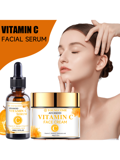 مجموعة كريم الوجه وسيرم فيتامين سي 30مل + 60جرام- للعناية بالبشرة، شد البشرة، إضاءة البشرة، ترطيب البشرة، وتفتيح البقع