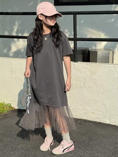 تيشيرتات بناتي Dazy Kids فستان صيفي ذو رقبة مستديرة للبنات المراهقات مع رقعات شبكية ومخيطة، أكمام قصيرة