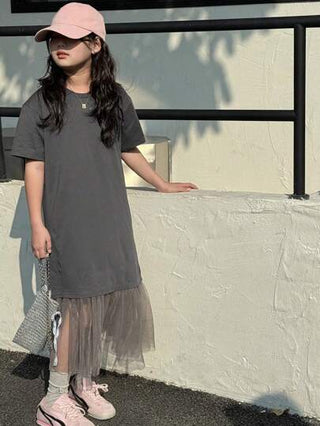 تيشيرتات بناتي Dazy Kids فستان صيفي ذو رقبة مستديرة للبنات المراهقات مع رقعات شبكية ومخيطة، أكمام قصيرة