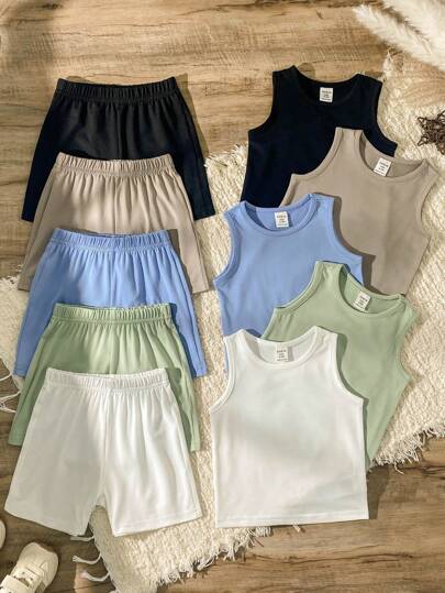 10 قطعة / طقم للأطفال الرضع صبي وبنت من سترة بلا أكمام وشورت ، ملابس صيفية ، الألوان: أسود ، أبيض ، رمادي ، أزرق ، رمادي أخضر ، رقبة طاقم، شورت مطابق بدون حزام ، قياس فضفاض عادي ، مناسب للخروج والاستخدام اليومي ، جنسي محايد