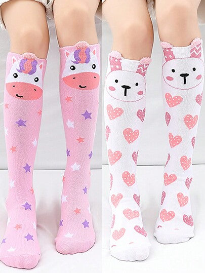 زوجين جوارب طويلة حتى الركبة بتصميم قلب أرنب جميل للبنات ، جوارب كاجوال طويلة للركب مريحة ولينة للبنات