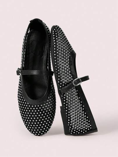 CUCCOO DOLLMOD أحذية حريمي ذات اصبع مستدير مزينة بالراين، من قماش الشبك الأسود ، أحذية شريطية سميكة عصرية مريحة للارتداء اليومي والحفلات