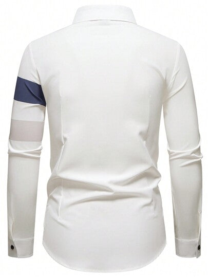 Manfinity Homme قميص كاجوال أكمام طويلة بأزرار أمامية للرجال، بتباينات لون، للخريف