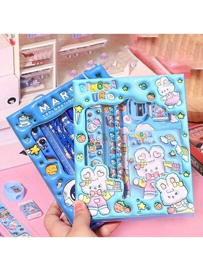 6 قطع مجموعة قرطاسية هدية للطلاب ثلاثية الأبعاد بتصميم كرتوني - تشمل مسطرة ، ممحاة ، مبرد أقلام ، دفتر ، 2 قطعة أقلام رصاص - مجموعة مثالية لجوائز المدرسة