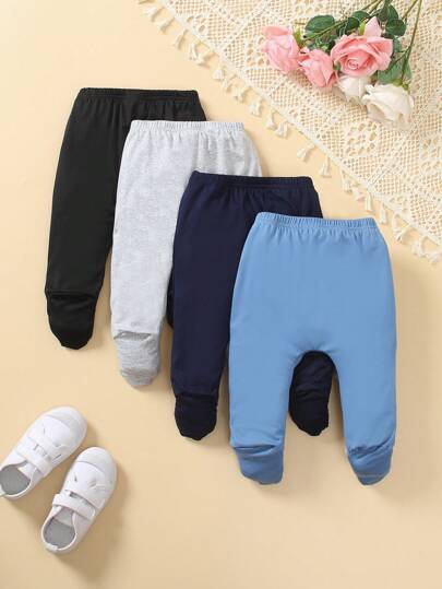 4 قطع بنطلون قدم لطفل ذكر بلون أحادي بسيط، مناسب للرياضة والبيت والملابس اليومية، للربيع والخريف