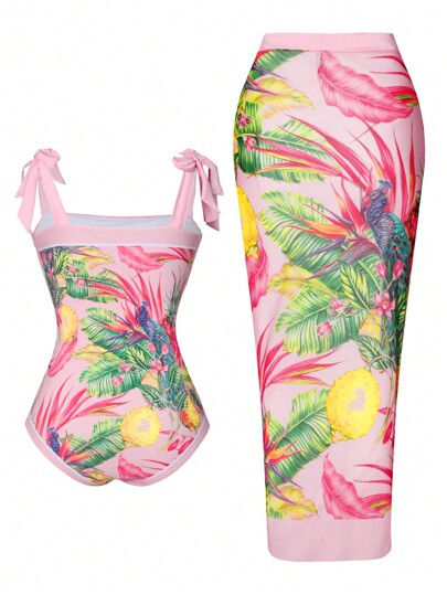 Swim Oasis ملابس سباحة بقطعة واحدة بطبعات استوائية لمقاسات كبيرة مع مجموعة تغطية 2 قطعة