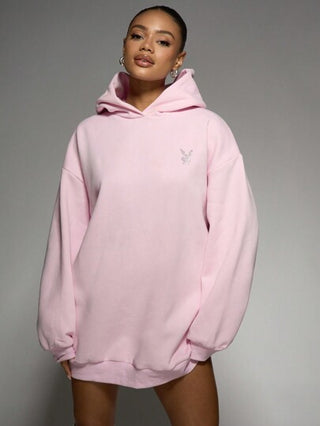 MISSGUIDED Missguided x Playboy فستان هوودي مطرز بشعار أرنب من الكريستال فضفاض بيان للشارع، بتزيين بلورات، قطعة رياضية طويلة الطول أنيقة لارتداء في الحفلات والنوادي خلال فصل الشتاء