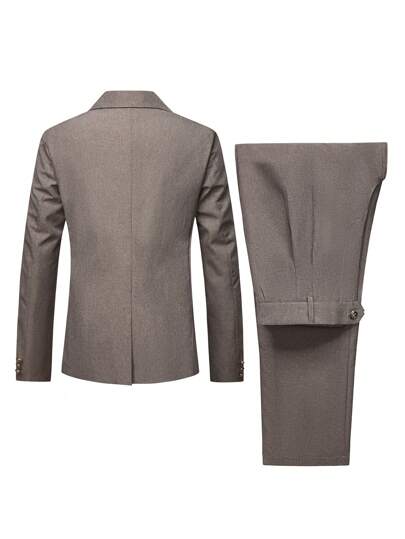 Manfinity Mode بدلة رجالية كاملة (بليزر وبنطلون) لون سادة بياقة دروع وأكمام طويلة، بنمط مناسب للخريف، بدلة كاجوال رجالية