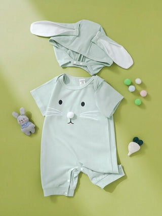 Persoplay Kids 2 قطعة ملابس لحديثي الولادة البنين عليها شكل أرنب كيوت بقبعة أذن أرنب ثلاثية الأبعاد، مناسبة لعيد الفصح، الاستخدام اليومي، صور عيد الميلاد، حفلات الزي