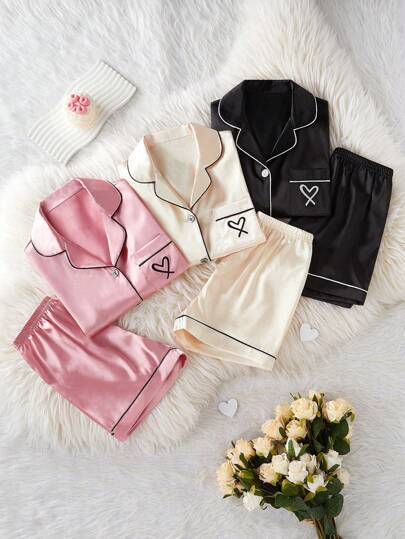 بيجاما طقم بيجامات للفتيات المراهقات 3 قطع، قميص بجيب وطرز قلب على الياقة، تيشيرت أكمام قصيرة وشورت، ملابس نوم صيفية مريحة وكاجوال