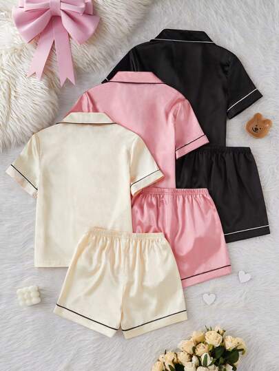 بيجاما طقم بيجامات للفتيات المراهقات 3 قطع، قميص بجيب وطرز قلب على الياقة، تيشيرت أكمام قصيرة وشورت، ملابس نوم صيفية مريحة وكاجوال