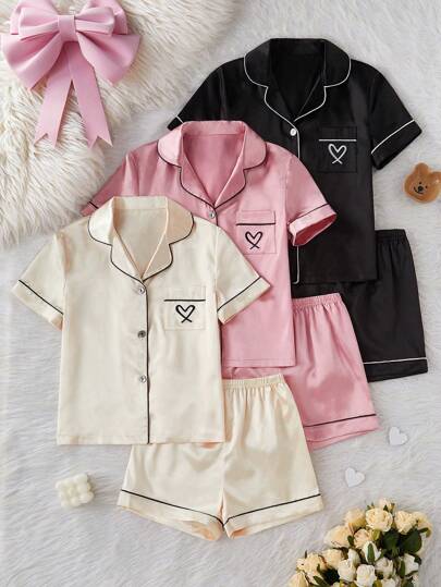 بيجاما طقم بيجامات للفتيات المراهقات 3 قطع، قميص بجيب وطرز قلب على الياقة، تيشيرت أكمام قصيرة وشورت، ملابس نوم صيفية مريحة وكاجوال