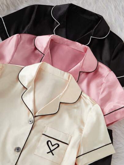 بيجاما طقم بيجامات للفتيات المراهقات 3 قطع، قميص بجيب وطرز قلب على الياقة، تيشيرت أكمام قصيرة وشورت، ملابس نوم صيفية مريحة وكاجوال