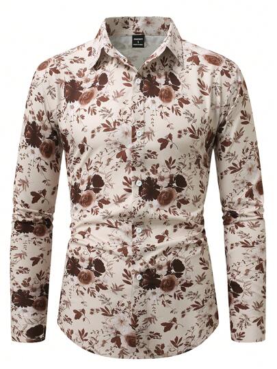 Manfinity Homme قميص كاجوال بياقة فردية وطبعات زهور بأكمام طويلة للرجال