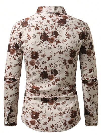 Manfinity Homme قميص كاجوال بياقة فردية وطبعات زهور بأكمام طويلة للرجال