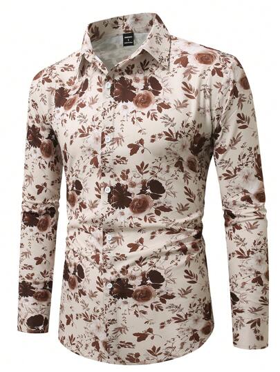 Manfinity Homme قميص كاجوال بياقة فردية وطبعات زهور بأكمام طويلة للرجال