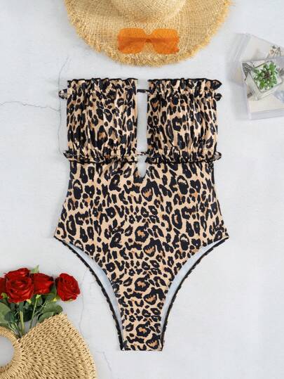 مايوه حريمي قطعة واحدة VCAY بدلة سباحة نسائية من قطعة واحدة بطبعة جلد النمر وفتحة رقبة على شكل باندو