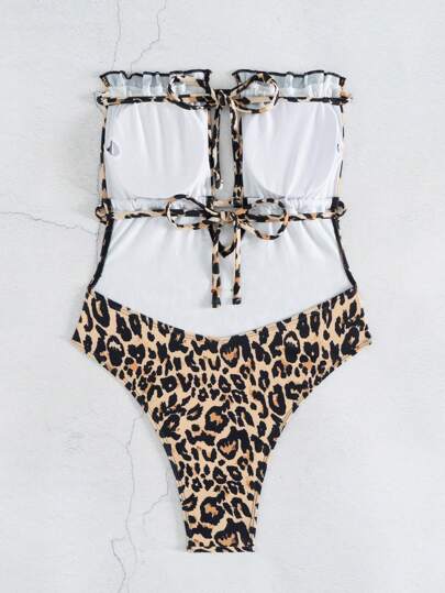 مايوه حريمي قطعة واحدة VCAY بدلة سباحة نسائية من قطعة واحدة بطبعة جلد النمر وفتحة رقبة على شكل باندو