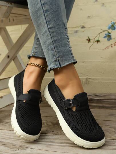 حذاء نسائي جديد بإقفال مشبك، تصميم منسوج مثقوب، مريح واستخدامات متنوعة، مناسب للأنشطة الخارجية والرياضة والأنشطة اليومية