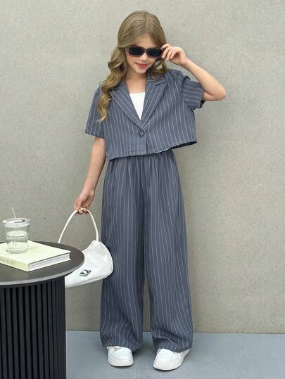 تيشيرتات بناتي طقم ملابس علوية كم قصير ذو ياقة منحرفة وبنطال ساق مستقيمة لفتيات NOVA GLOW ذوات اللون الواحد المنسوج